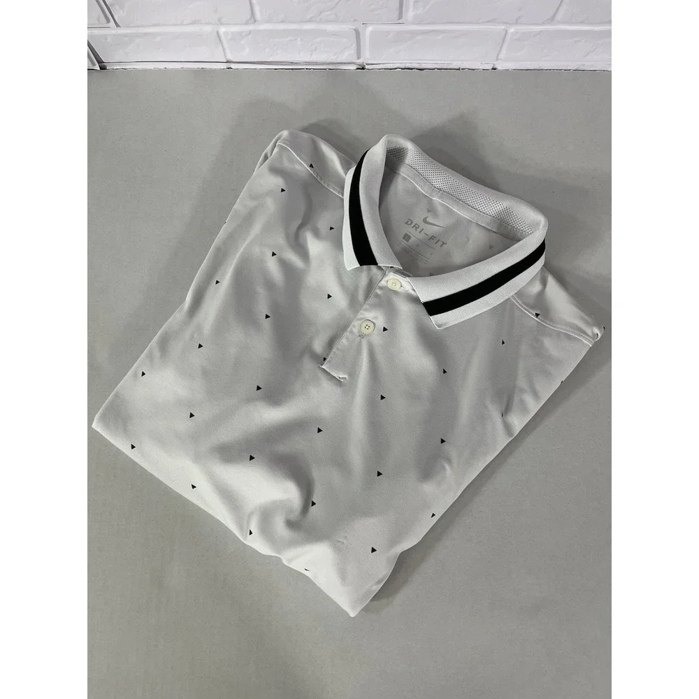 Nike Dri-FIT Polo‎ Shirt Mens Large White Black Triangle Print Golf Short Sleeve